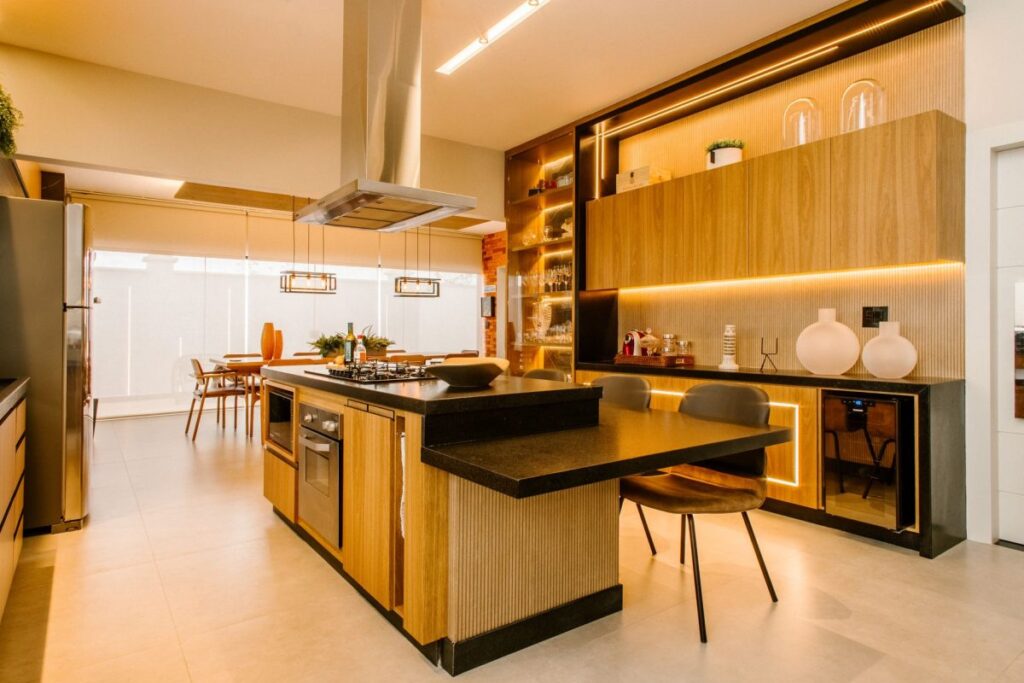 Modern kitchen remodeling in Bedford TX featuring warm wood cabinets and quartz countertops