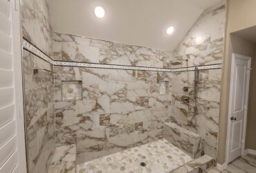 marble tile in open shower master bath remodel