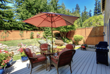 Backyard patio area with landscape