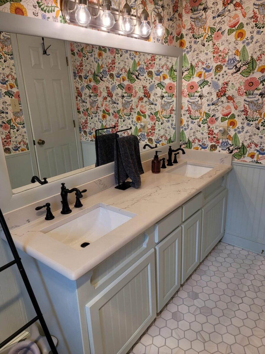 Bathroom remodel with new wallpaper, fixtures, and more