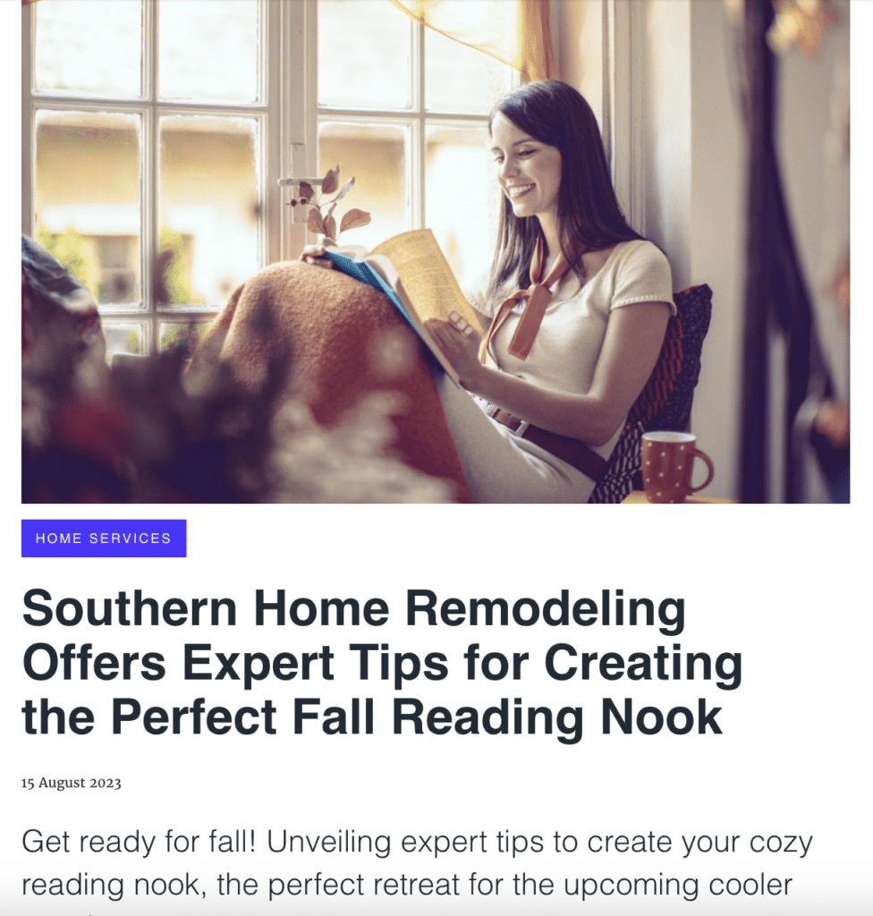 Press release: Southern Home Remodeling Offers Expert Tips for Creating the Perfect Fall Reading Nook