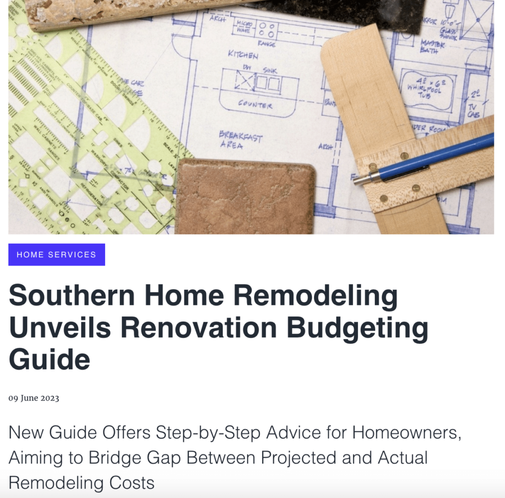 press release: Southern Home Remodeling Unveils Renovation Budgeting Guide