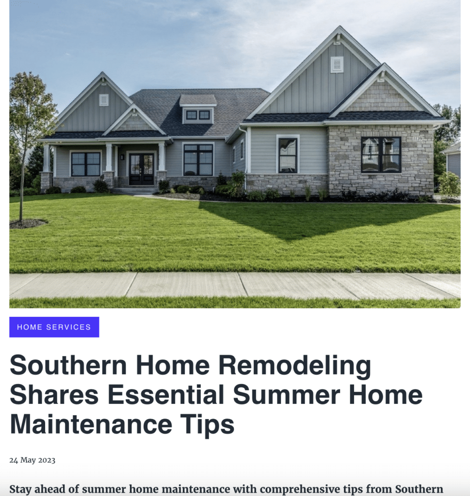 press release: Southern Home Remodeling Shares Essential Summer Home Maintenance Tips