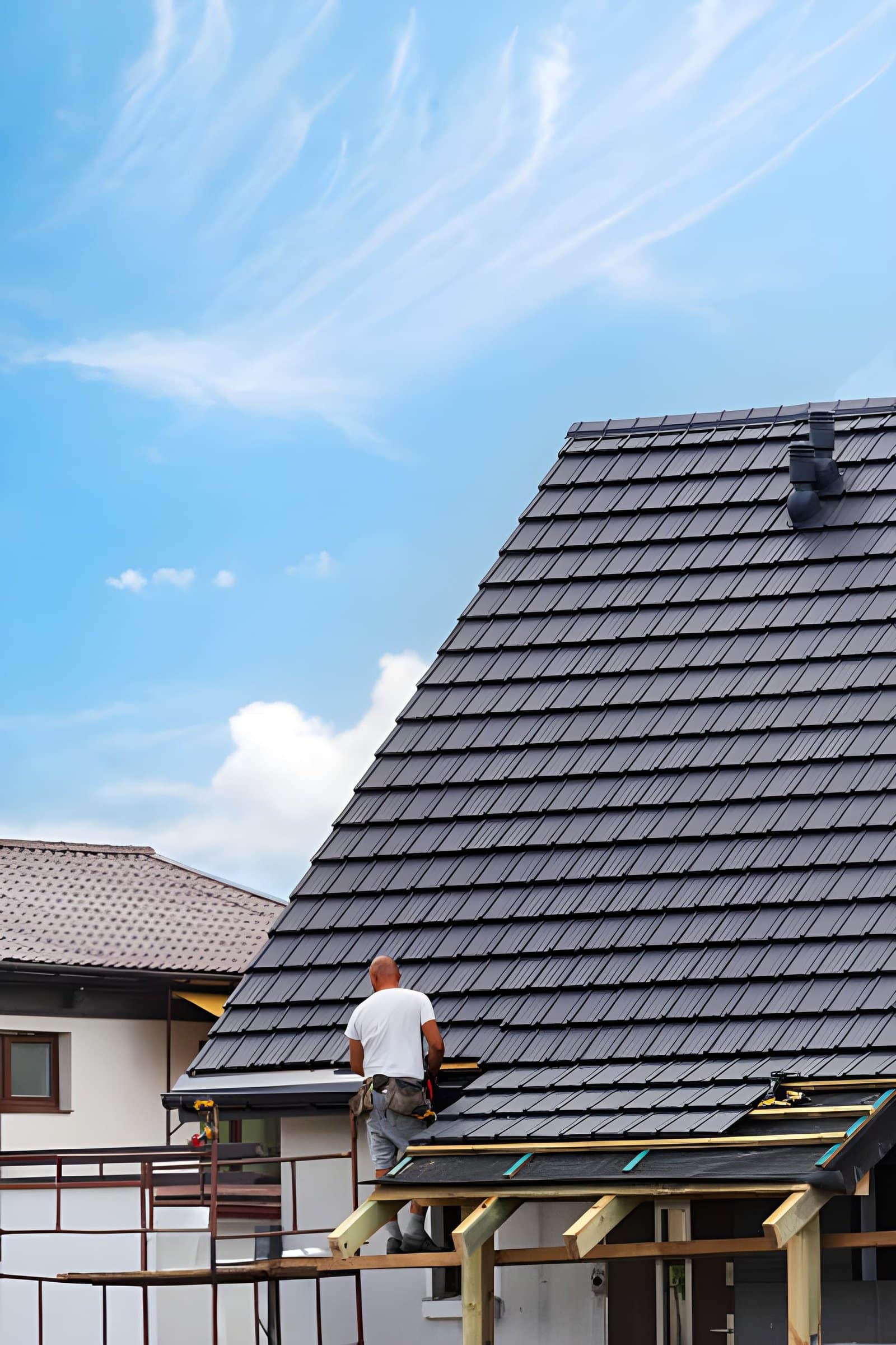 Old roof removal process during roofing replacement project
