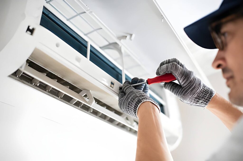 emergency AC repair near me service technician inspecting AC system