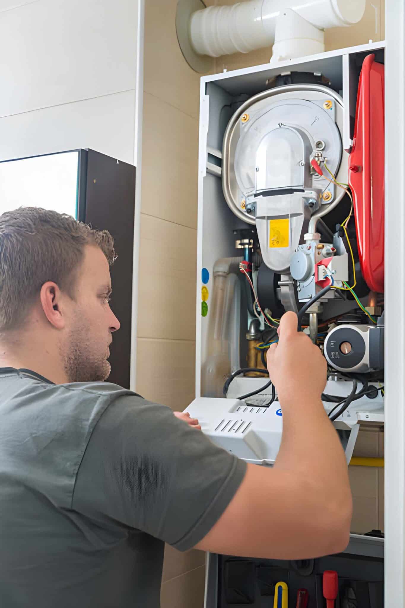 Smiling homeowner shaking hands with a uniformed heating repair technician next to a repaired furnace.