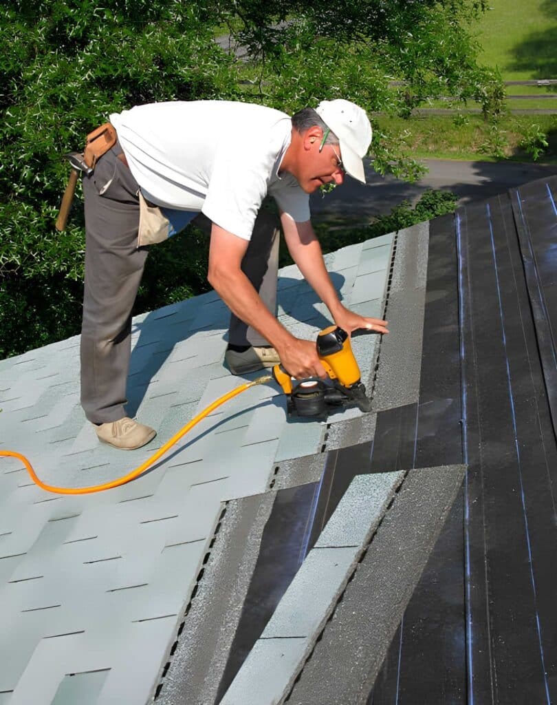 Roofing contractor inspecting roof condition for repair estimate in South Arlington TX