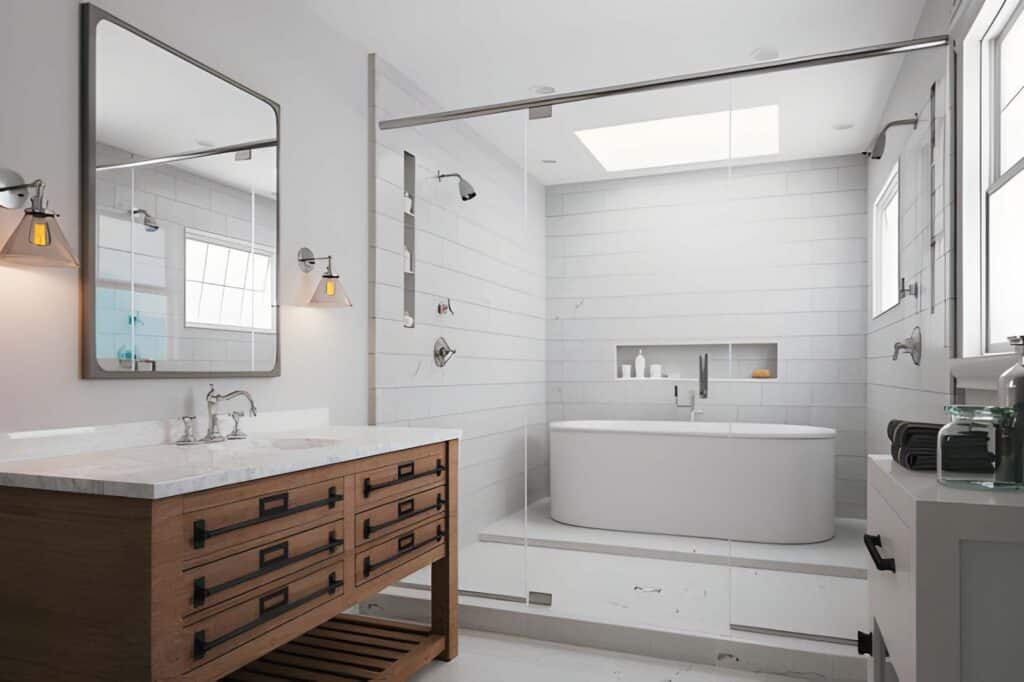 Modern small bathroom renovation in South Arlington Texas with custom floating vanity and space-saving storage.