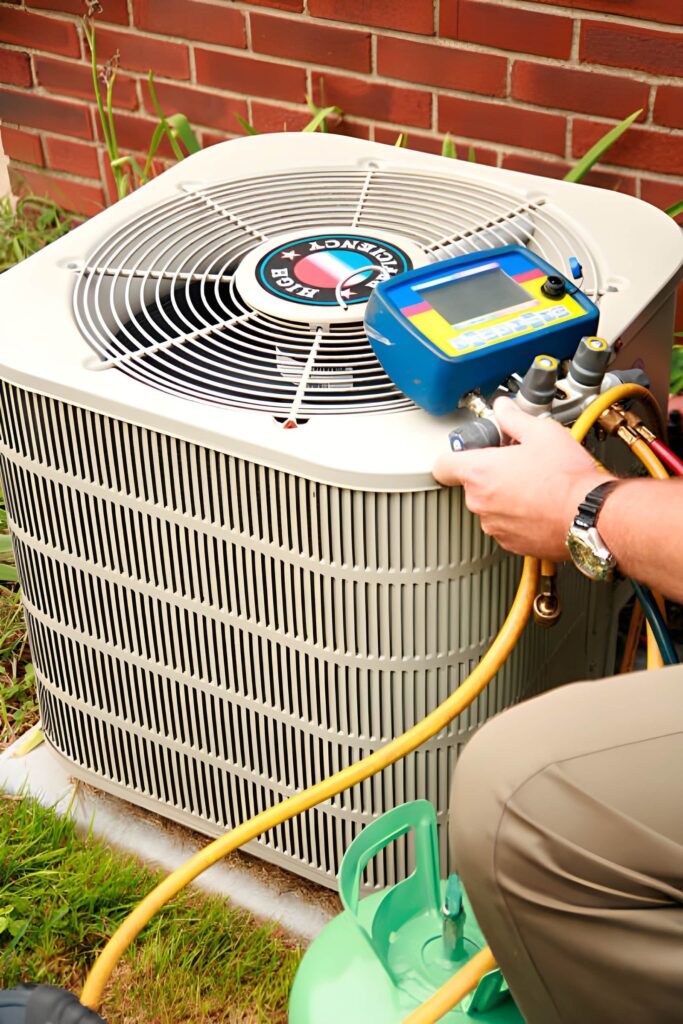 Heating system furnace repair technician working in South Arlington home