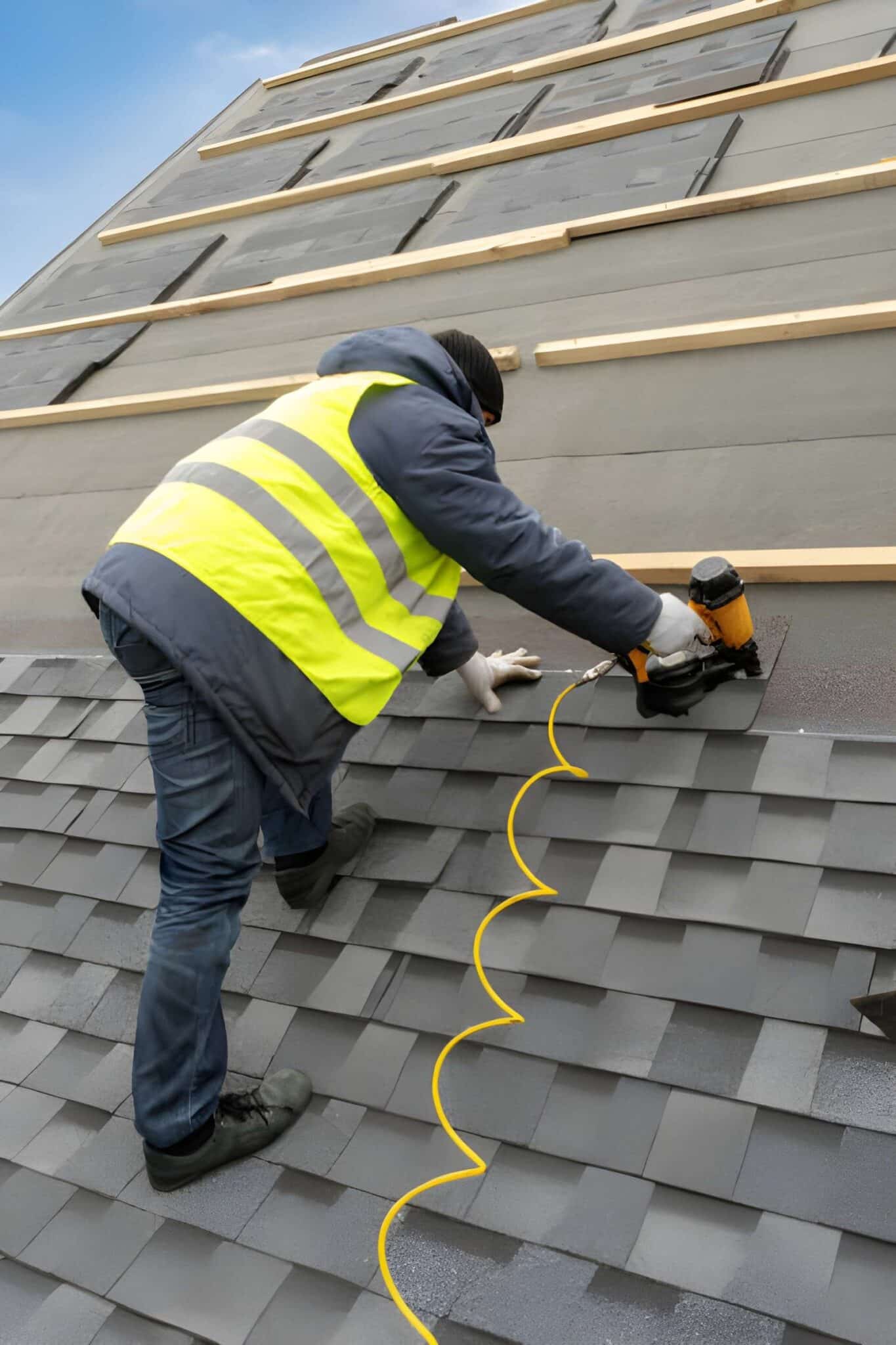 Team completing roof repair in Arlington TX residential house with tools and safety gear