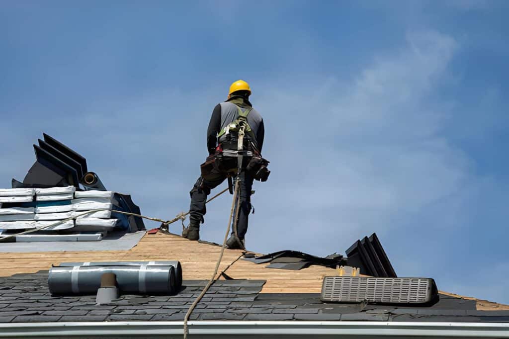 Technician performing roof leak repair near chimney on house roof