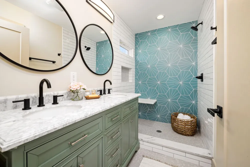 Built-in shower bench seat in a tiled accessible shower remodel