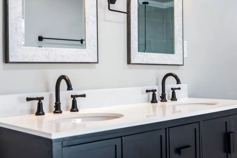 New double-sink vanity installed during a bathroom renovation project
