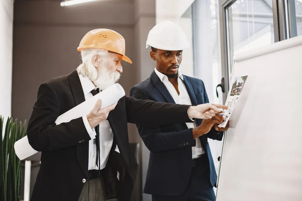 Contractor reviewing office build-out plans with client during a free in-home estimate consultation