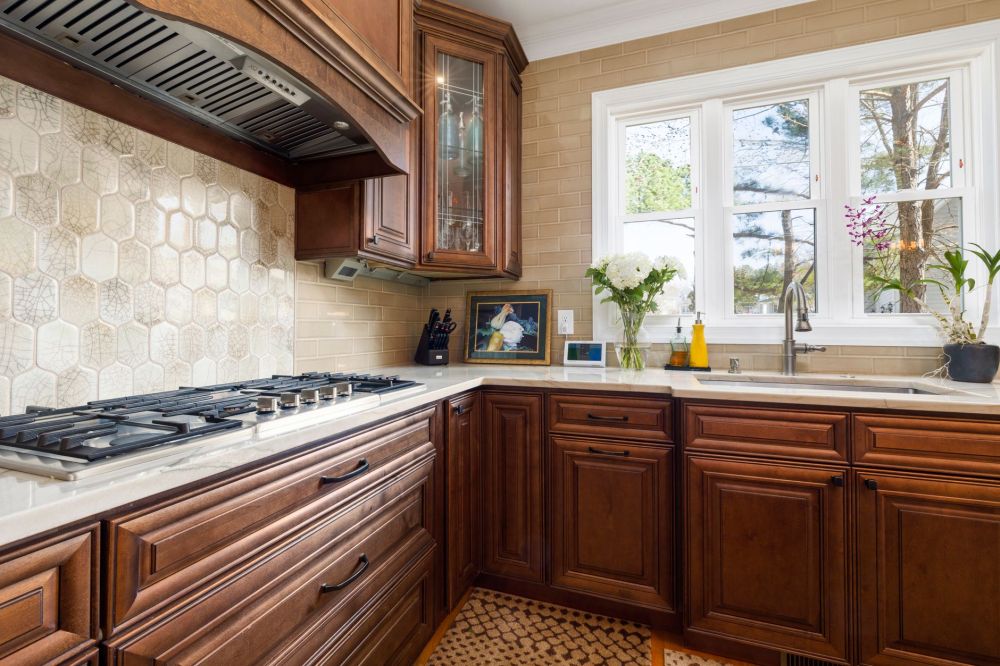Handcrafted ceramic tile backsplash installed during kitchen remodeling in Arlington TX