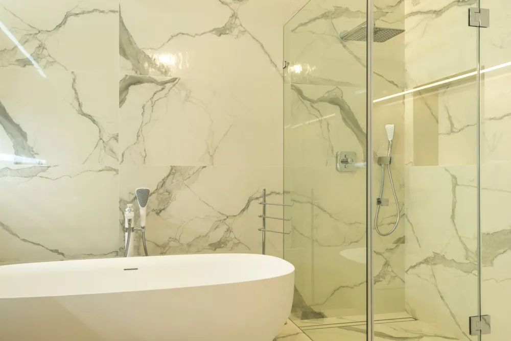 Frameless glass shower enclosure upgrade in a DFW area bathroom remodel