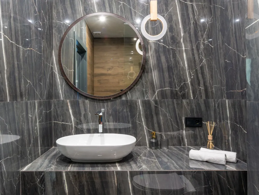 Quartz countertop on a double vanity in a newly remodeled Arlington Texas bathroom