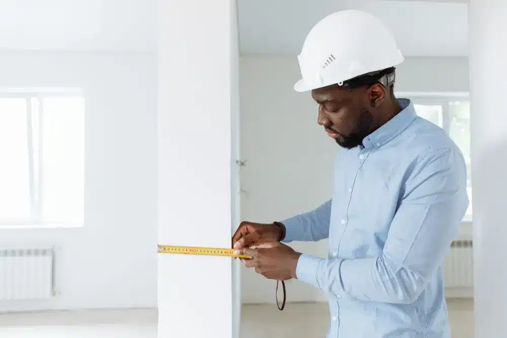 Remodeling contractor measuring a shower space for a frameless glass door installation