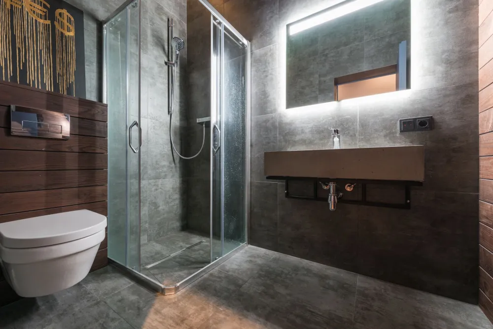 Walk-in shower with low threshold and bench seat for aging-in-place home improvement