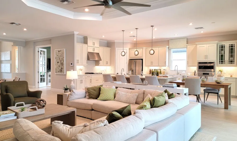 Open-concept kitchen flowing into dining and living area in a renovated Arlington Texas ranch home