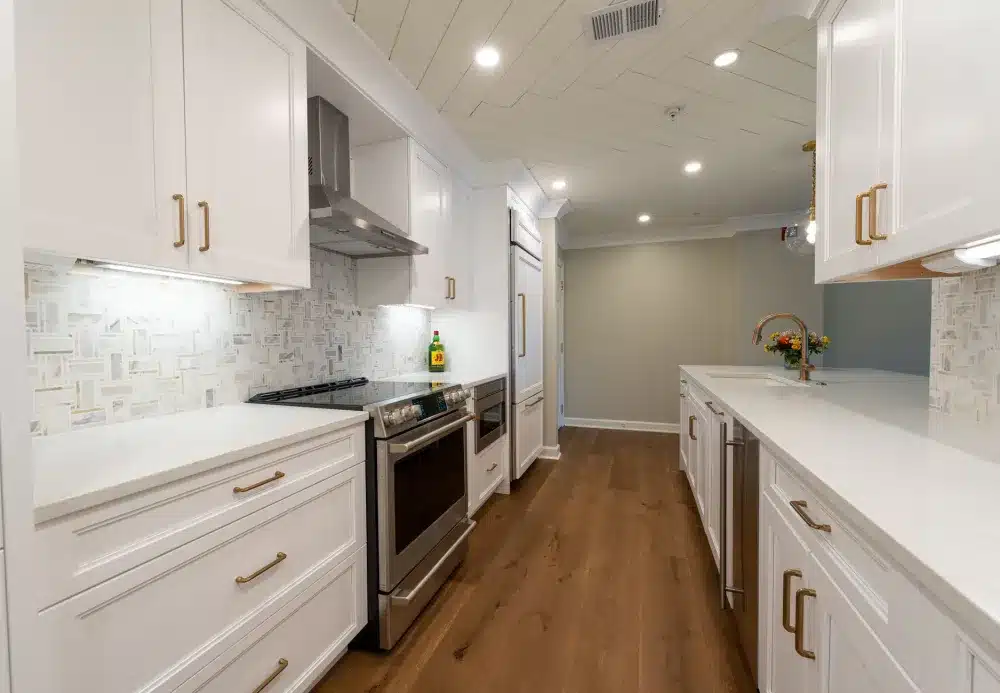 Completed open concept kitchen remodel with island and new countertops in Arlington Texas