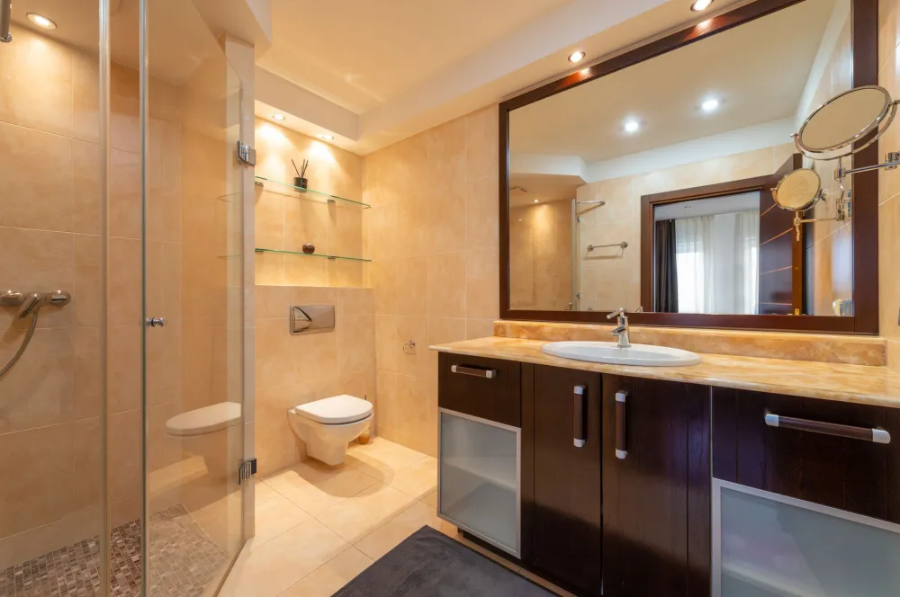 Large format ceramic tile covering shower walls in a bright bathroom renovation