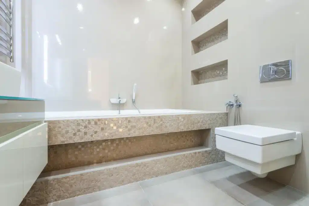 Completed tub-to-shower conversion with large-format tile in a Hurst TX bathroom remodel