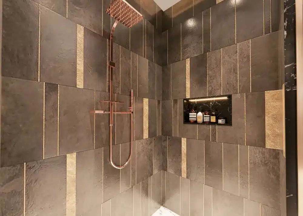 Built-in shower niche with shelving in a finished walk-in shower bathroom renovation