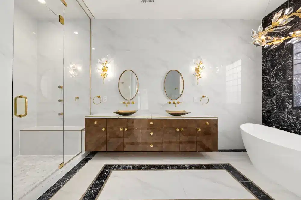 Completed bathroom remodel with double vanity and frameless shower in Arlington TX home