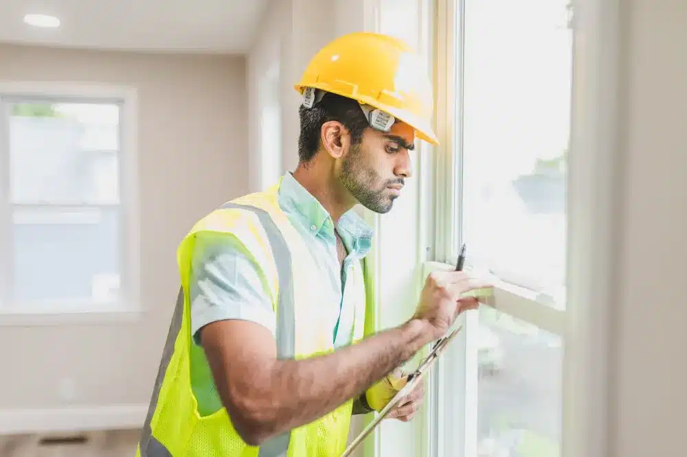 Window contractor measuring existing window opening for replacement in Arlington home