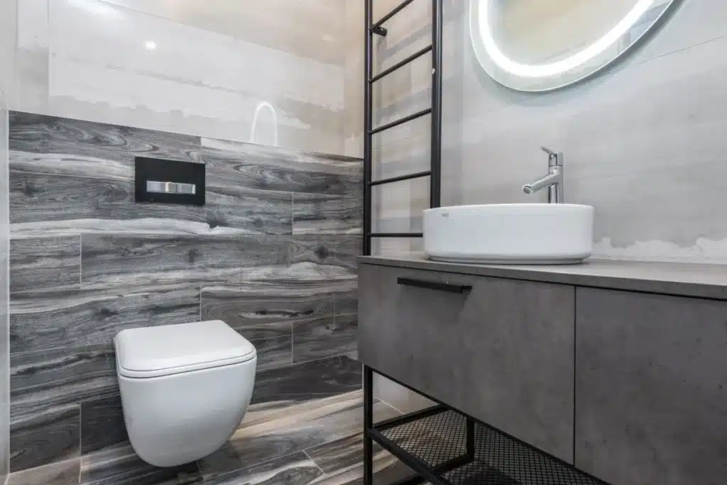 Modern bathroom remodel with double vanity and walk-in shower adding value to Hurst TX home
