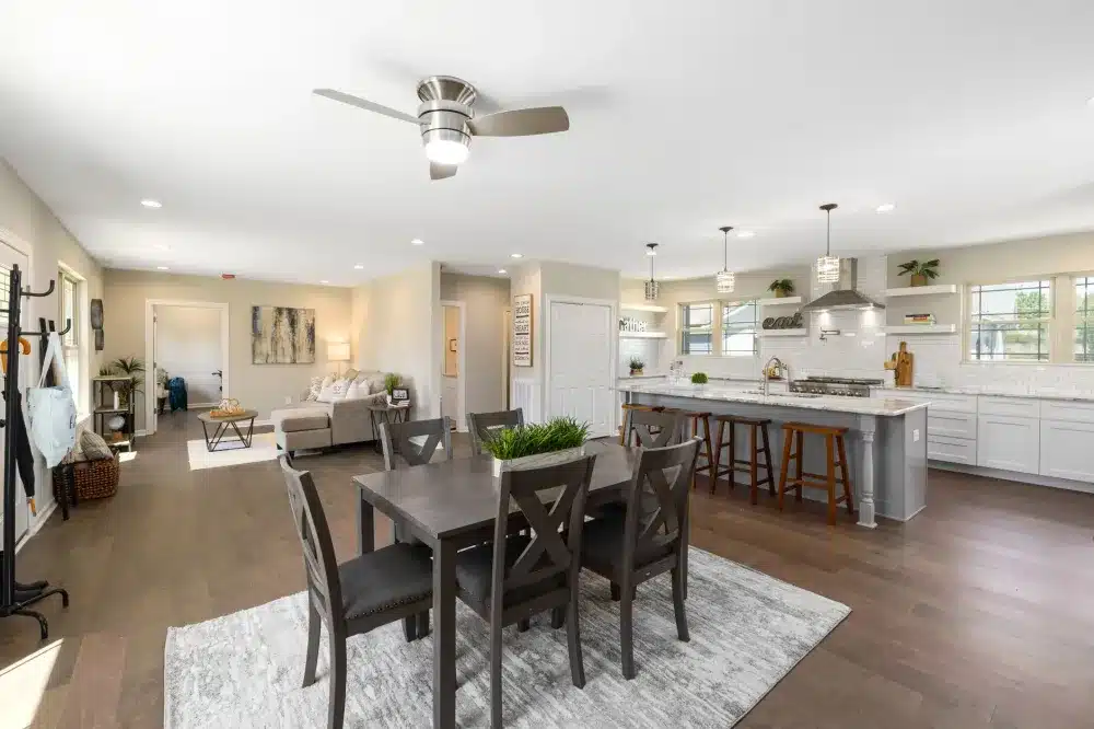 Open floor plan kitchen and dining area after professional remodel near Arlington Texas