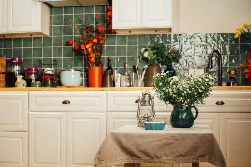 Bold colored vintage-style kitchen cabinets installed during Arlington TX kitchen remodeling project