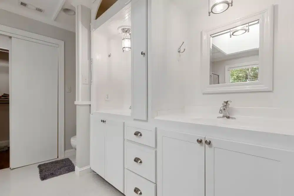 New double vanity with ample storage installed during Arlington TX bathroom renovation
