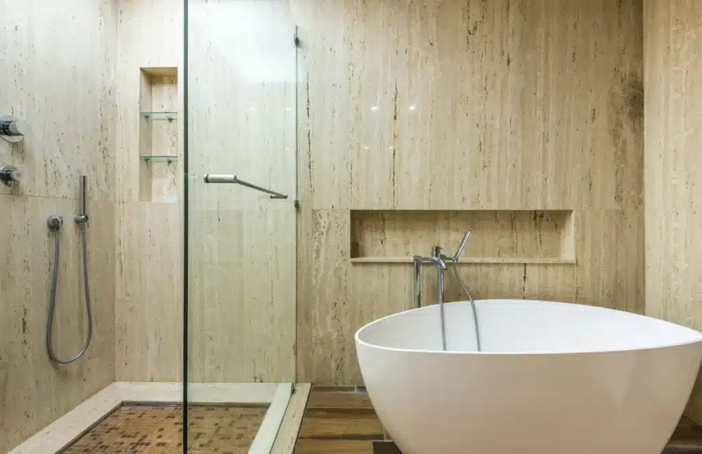 Completed tub-to-shower conversion with large-format tile in a Hurst TX bathroom remodel