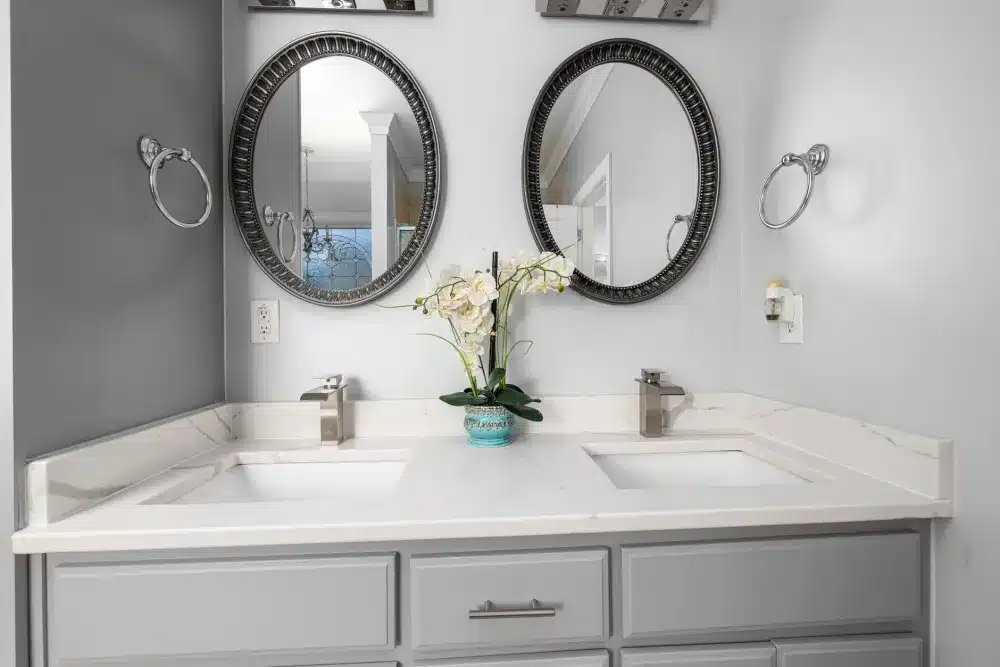 Double vanity with quartz countertop during a bathroom remodel near Arlington Texas