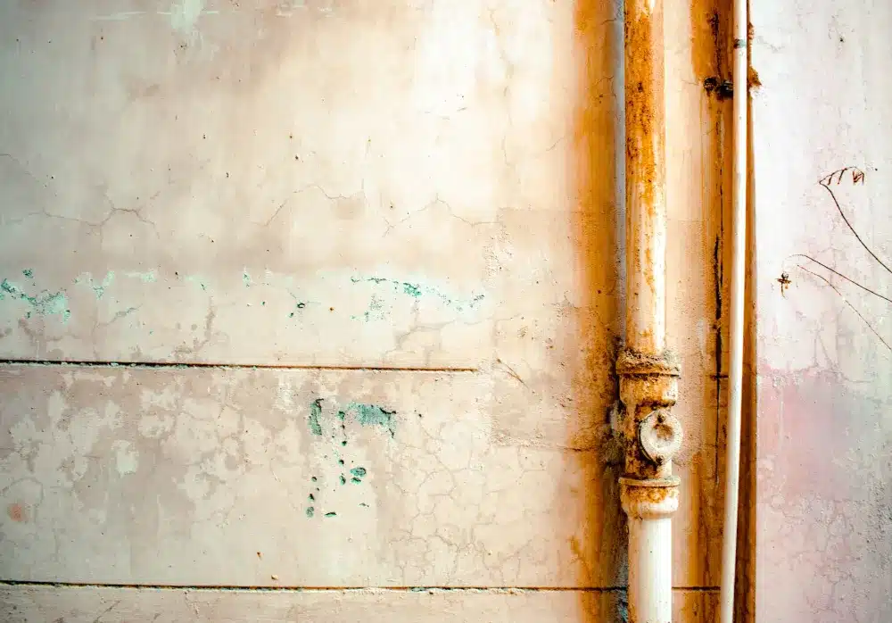 Old galvanized pipe exposed inside a bathroom wall in Ash Meadows, Fort Worth