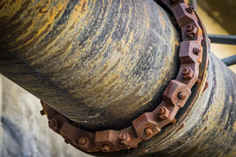 Corroded galvanized steel water pipe with rusty threaded joint under a sink in an Arlington home