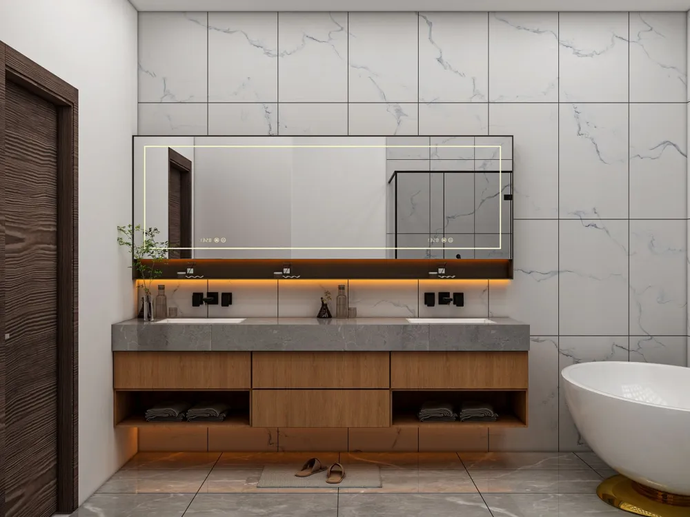 Layered bathroom lighting with recessed cans and vanity sconces